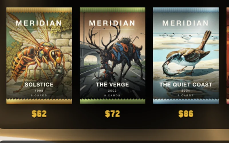 Three sealed card packs on a shop shelf with their prices below