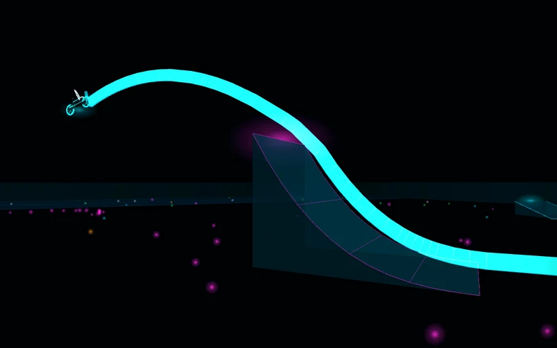 A neon light bike launching off a glowing half-pipe, its light wall arcing through the air behind it